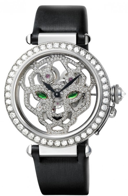 Cartier Creative Jeweled Feminine Complications Pasha 42 mm Skeleton Watch With Panther Decor HPI00365